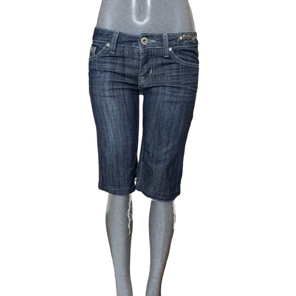 Miss Me Long Denim Shorts Womens Jeans Tag 27 Blue W29xL12 Studded Fringe Slim - Picture 1 of 11